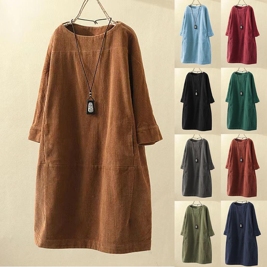 Modisches, lockeres Retro-Kleid aus Cord in Übergröße für Damen mit Rundhalsausschnitt und langen Ärmeln in Volltonfarbe