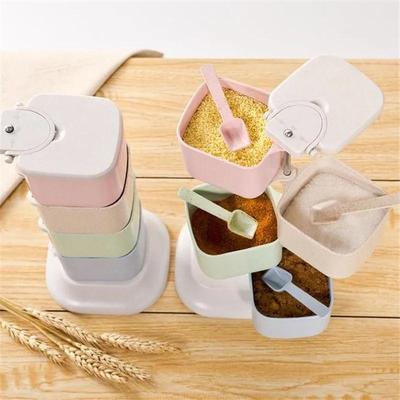 Kitchen Solid Seasoning Box Wheat Straw Four Grids Can Be Rotated Vertical with Spoon Seasoning Box