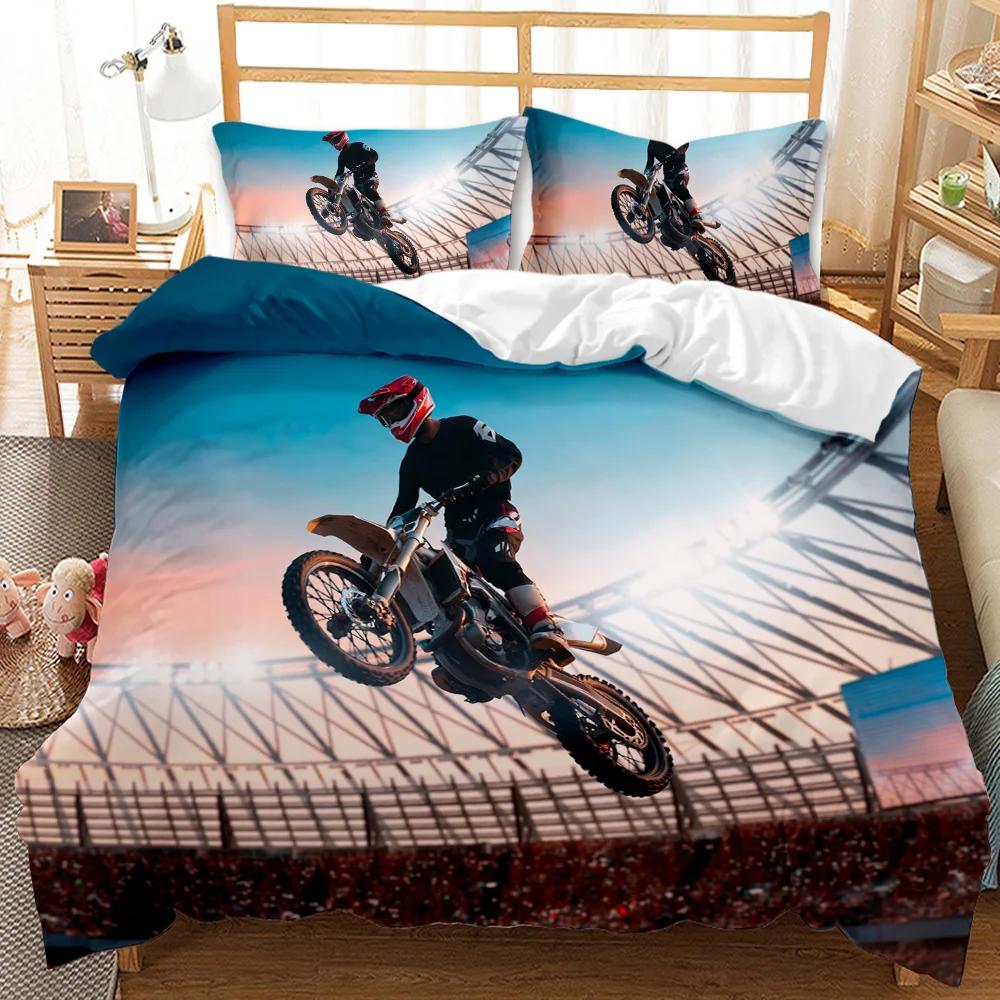 Motorcycle Duvet Cover Set Motocross Racing Bedding Dirt Bike Extreme Sports For Men Teens Boys Kids Polyester Comforter Cover