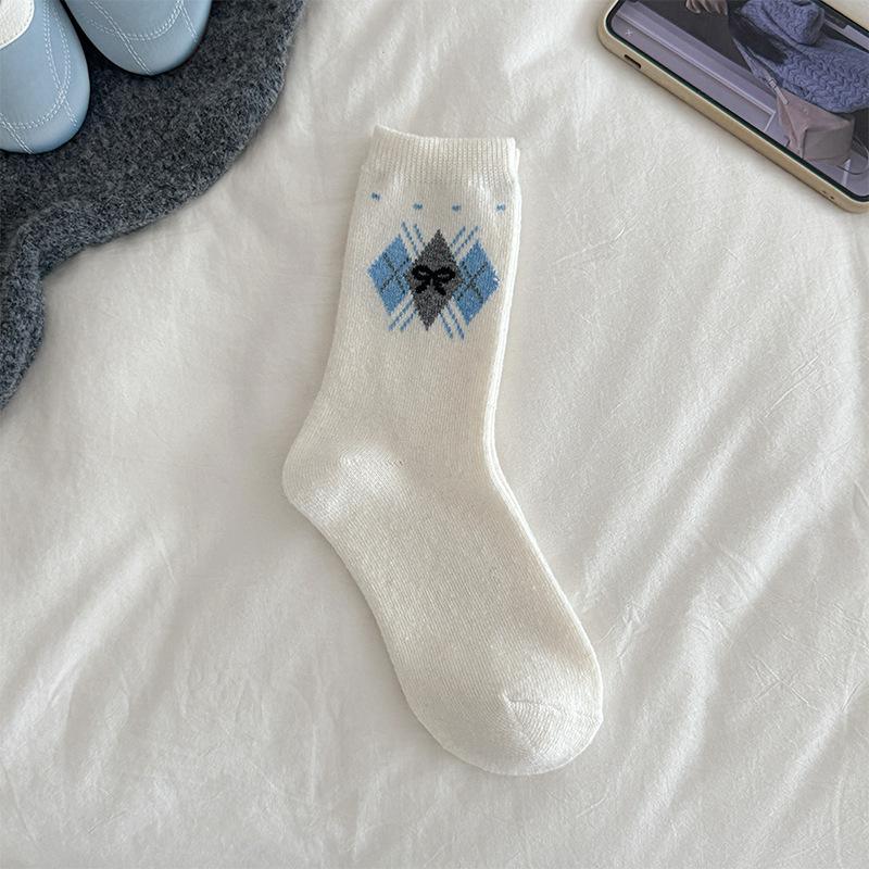 Damen Herbst Winter Verdickte Warme Vintage Rautenmuster Schleife Wollfleece Socken