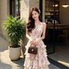 There Is an Inner, French New Holiday Style Print Neck Chiffon Cake Long Dress Women's V-neck Dress