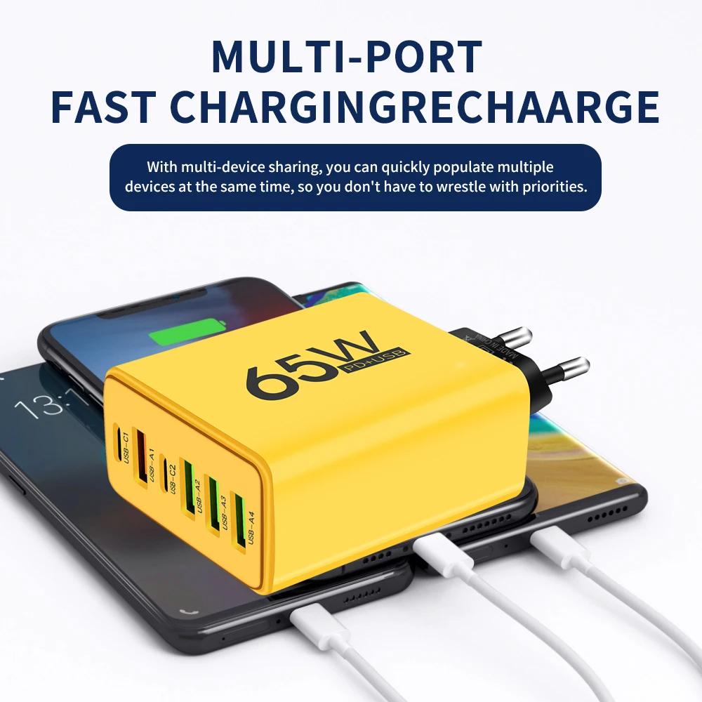 65W USB Type C מטען 6 יציאות PD Type C מתאם קיר לטעינה מהירה לאייפון 13 14 15 טלפון נייד Samsung Xiaomi Huawe