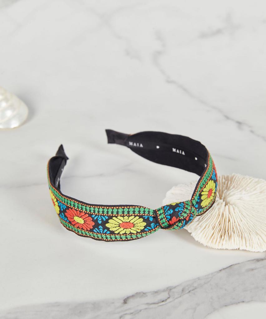 Maia Green Flower Jacquard Hairband - Knot Type Orange Green