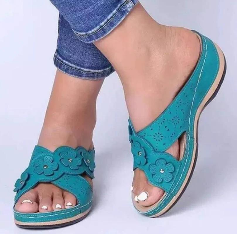 XIHAHA Women Shoes Flat Sandals Beach Wedge Ladies Sweet Flower Sandals Solid Color Durable Shoes Soulier Girls Slippers Sneaker