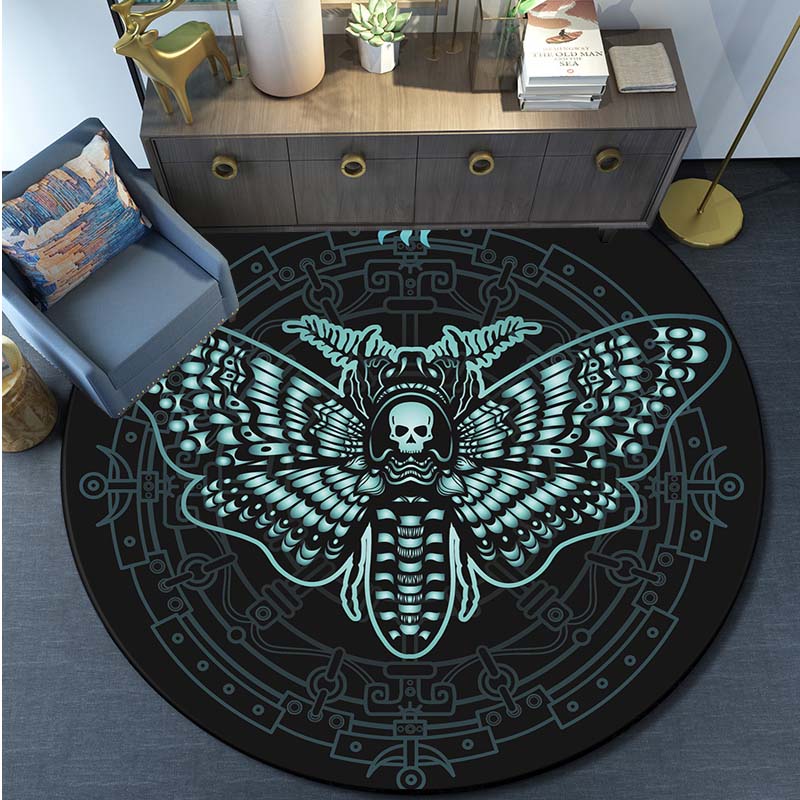 Death Moth Round Carpet Gothic Skull Round Floor Mat Butterfly Moon Living Room Carpets Bathroom Kitchen Area Rug Doormat Decor