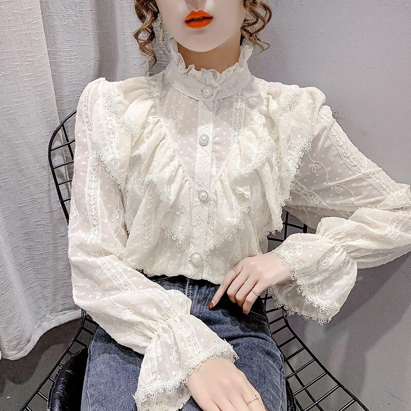 Fashion Ruffle Stitching Elegant Lace Blouse Long Sleeve Loose Chiffon Shirts Korean Style Stand Collar Pleated Top Blusas 15832
