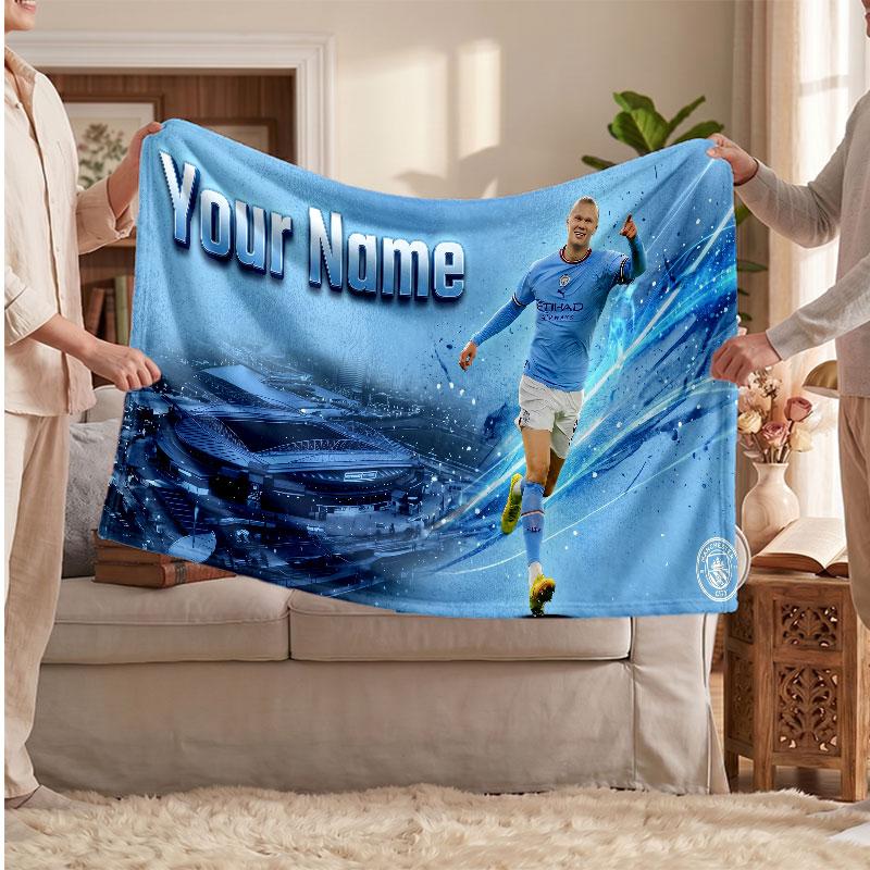 Erling Haaland Personalisierte Fleecedecke Mit Fußballlogo, Individueller Name Text Weich Warm Wohnzimmer Überwurfdecke