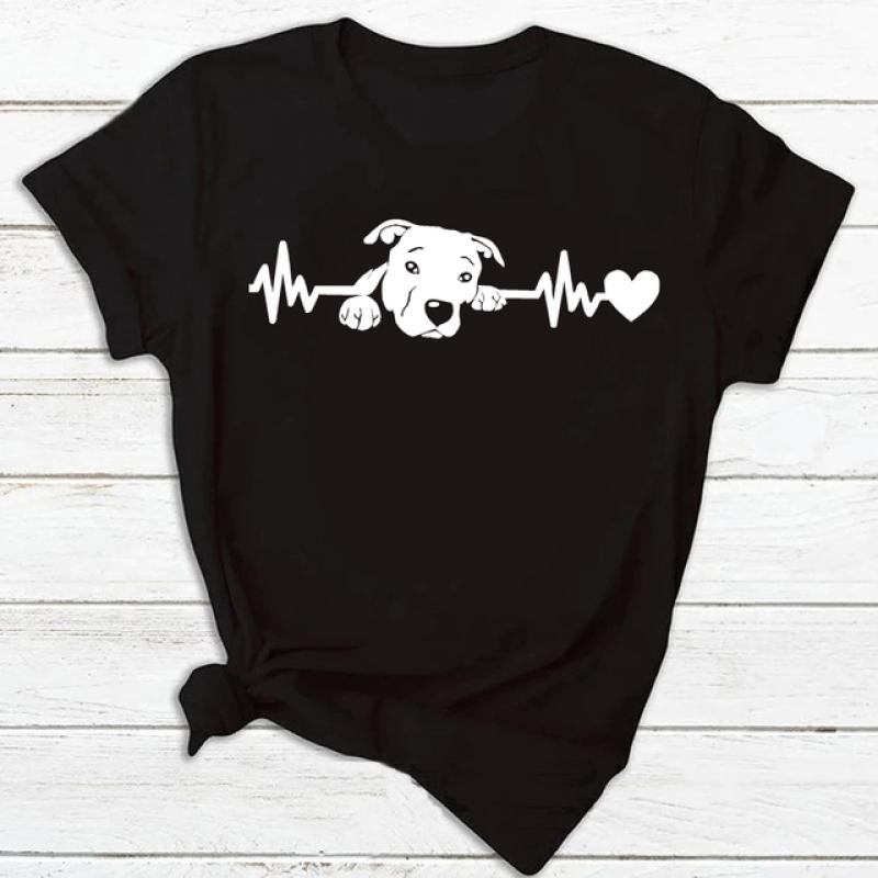Women T Shirt Fashion Dog Heartbeat Print T-shirt Funny 90s Print T Tee Womens Tshirt for Female Red Shirt Clothes Tops