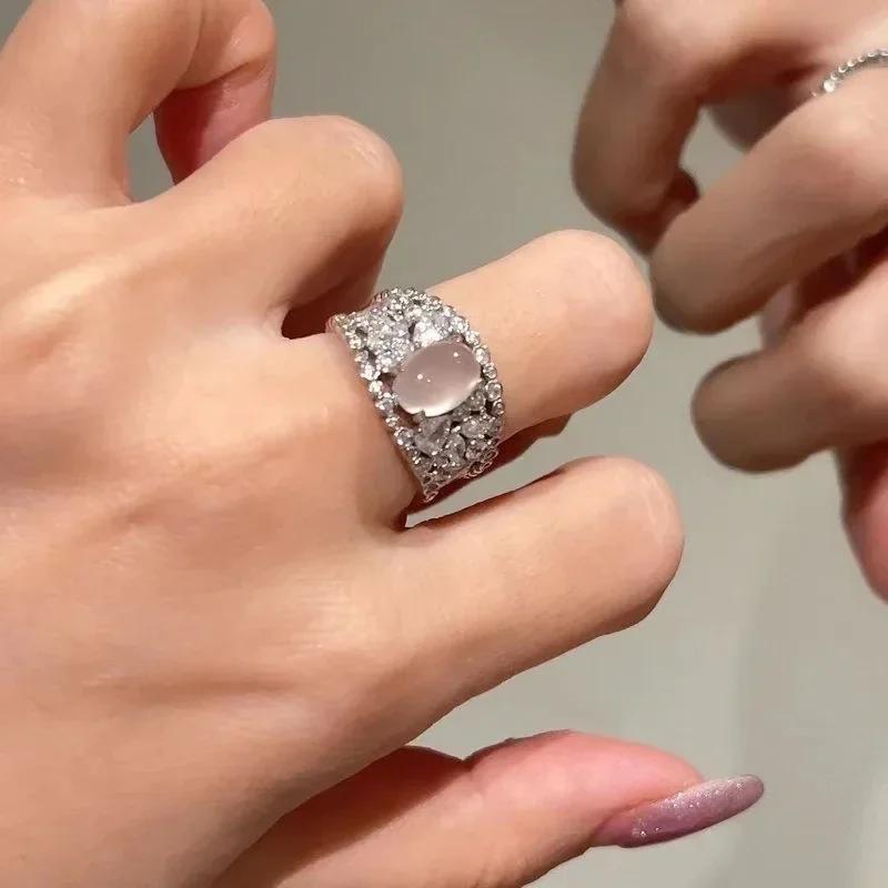 Chinese Style Natural Ice Chalcedony Rings for Women Light Luxury Simple Diamond Hollow Vintage Exquisite Jewelry