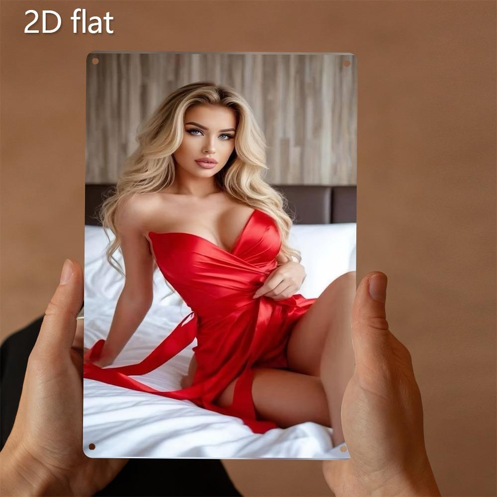 Vintage Metal Wall Art Retro Blonde Lady In Red Dress Thick Iron Plate Pre-Drilled Home Office Bar Decor 7.87x11.8in Gift
