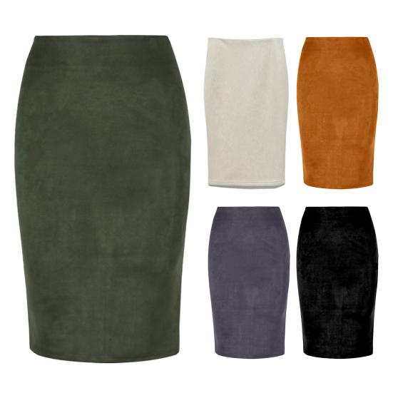 Women Pencil Skirt High Waist Hip Wrapped Solid Color Suede Skirt Back Slit Design Zipper Placket Knee-Length Skirt