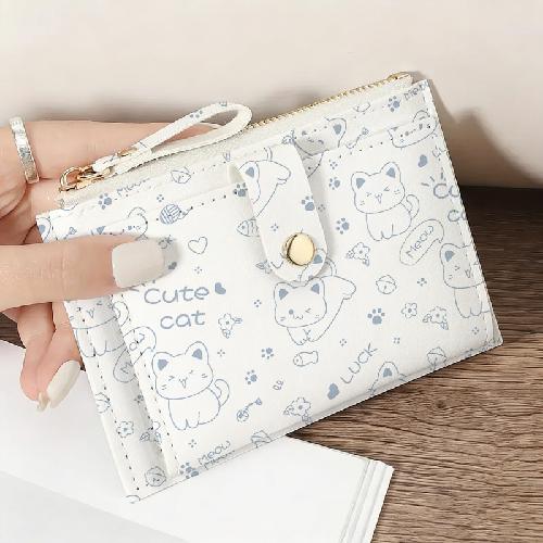 Cute Cat Ultra Thin Card Holder for Women, Lightweight Zipper Multi-Slot Wallet, Slim Card Case for Daily Carry