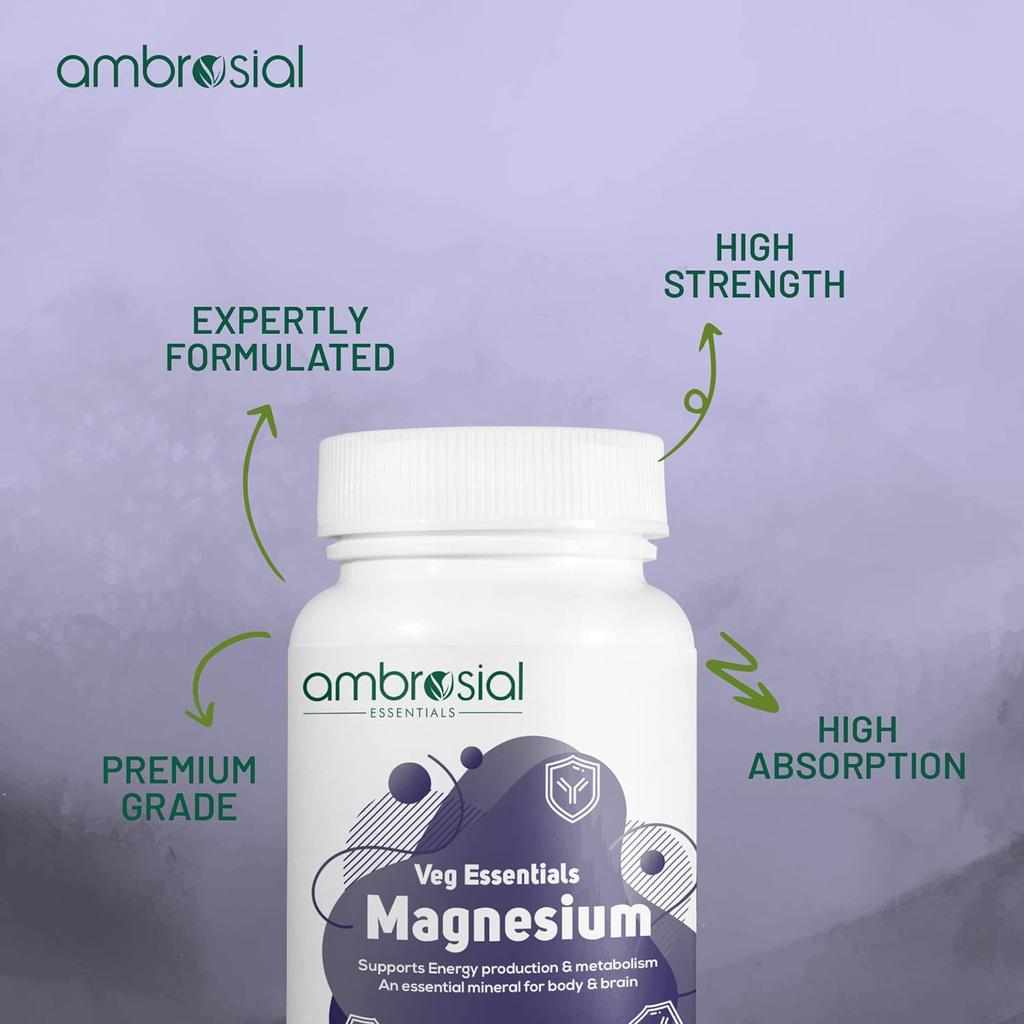 AMBROSIAL Magnesium Complex Food Supplement Increases Muscle Functions Reduces Tiredness Boosts Energy Levels 60 Vegan Capsules