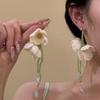 Silver Needle Glass Fabric Flower Stud Tassel Earrings - Elegant Water Drop Design for Holidays