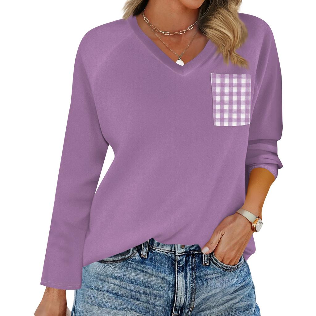 Women's Raglan Long Sleeve V-Neck T-Shirt Splicing Solid Color Casual Top Pullover V-Neck Pocket Bottoming Shirt