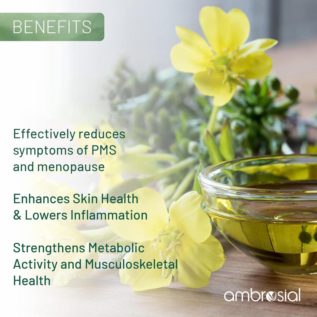 Ambrosial Evening Primrose Oil 1000mg (EPO) | Cold Pressed Primrose Oil Capsules| High Strength Evening Primrose Capsules (Pack of 1- 60 Softgels)