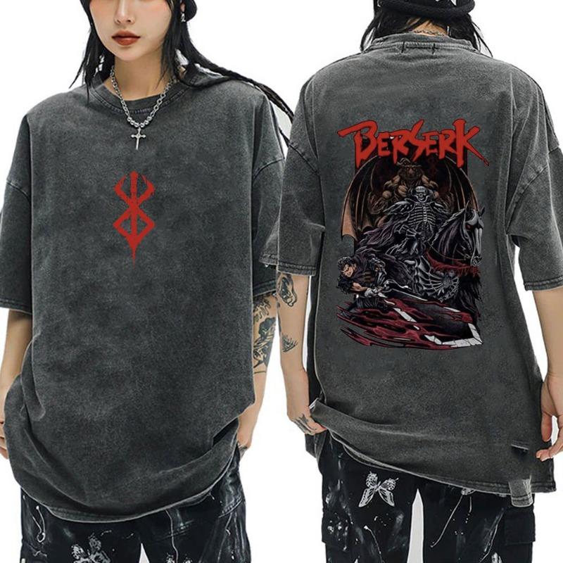 Anime Berserk Guts Vintage Washed T Shirt Manga Gatsu Griffith Zodd T-shirts Women Clothing Cotton Casual Oversized T-Shirt