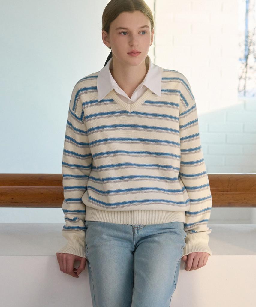 Deuloupisumeon Ripple Stripe Cotton V-Neck Knit [Brown]