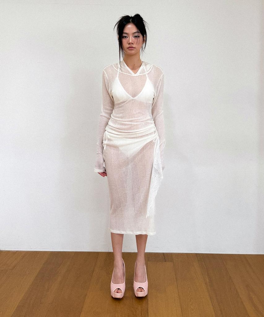 Binaj Lace Shirring Mix Hooded See-Through Dress (White)