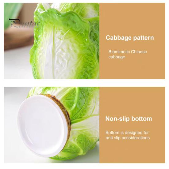 Household Seasoning Organizer Ceramic Cabbage Shaped Lard Jar with Lid Spoon, 350ml Kitchen Sealed Condiment Storage Pot Container, Multi Purpose for