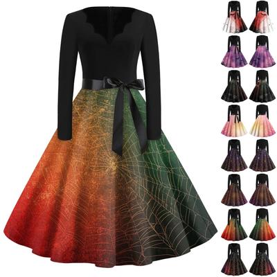 Dammode V-ringad Ledig Slim Fit Halloween-tryckt Långärmad Klänning