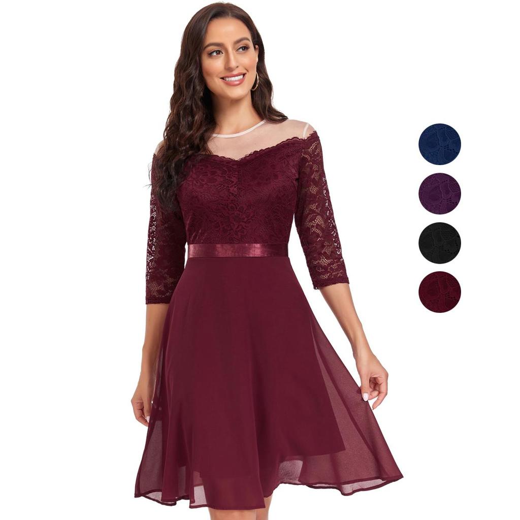 Women’s Dresses Off Shoulder Midi A Line Swing Cocktail Evening Lace Dress Belt Chiffon Skirts Bridesmaid Wedding Guest Prom Occasion Wear