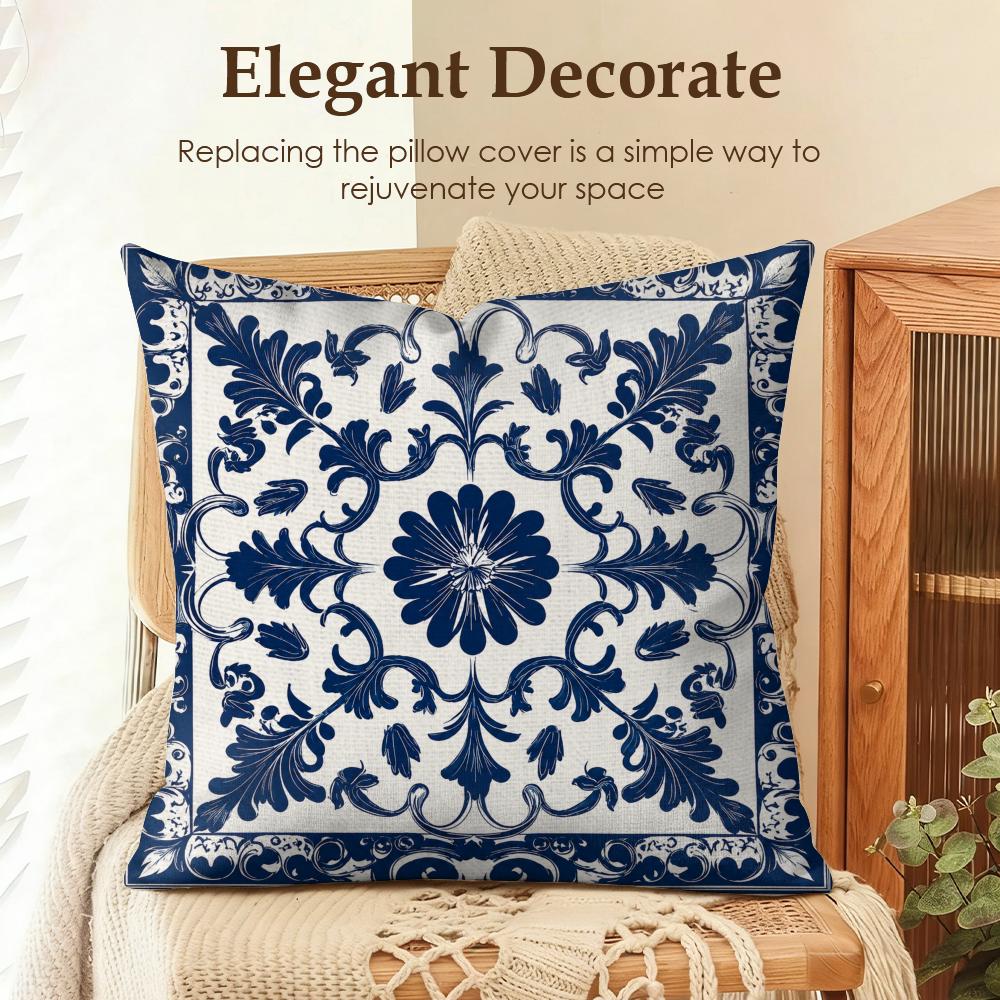 Blue Porcelain Motifs Cushion Cover Natural Linen Organic Fabric DoubleSided Printing Sofa Home Decor Gift Pillow Cover