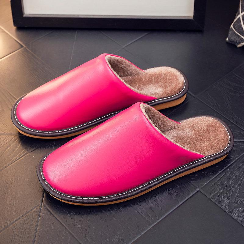 Non-Slip Waterproof Winter Leather Slippers for Couples - Warm Plush Indoor Footwear