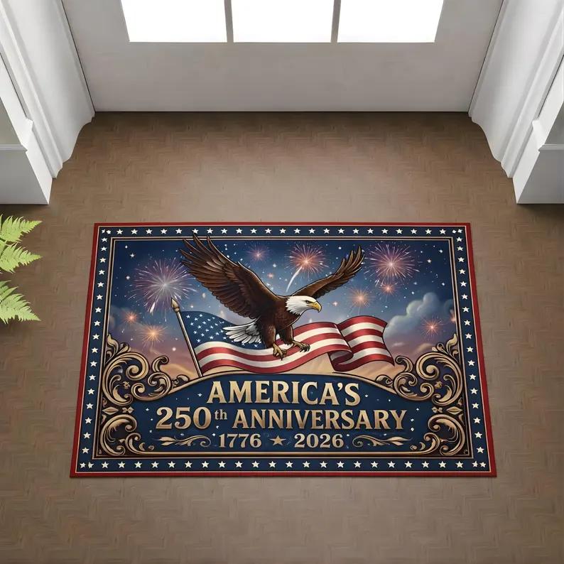 US 250th Anniversary front door mat patriotic entryway mat Celebrating Years of Freedom Featuring Majestic Eagle Home Decor
