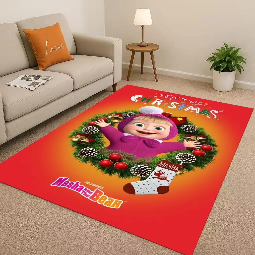 HD Cartoon M-Masha and B-Bear Christmas Gift Living Room Non-Slip Area Rug Carpet for Bedroom Playroom Sofa,Home Decor Doormat