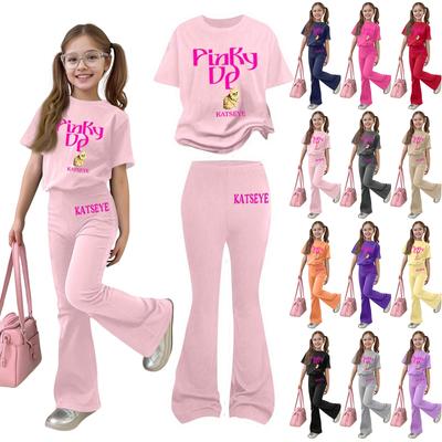 Girls Casual Two Piece Outfit Short Sleeve T Shirt and Long Pants Set Printed Design Comfortable Fit Soft Fabric Suitable for Daily Wear