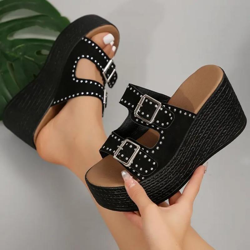 Women's Slippers Fashion Wedges Platform Sandals Retro Rivet Metal Buckle Slippers for Women Summer Open Toe Casual Beach Slides