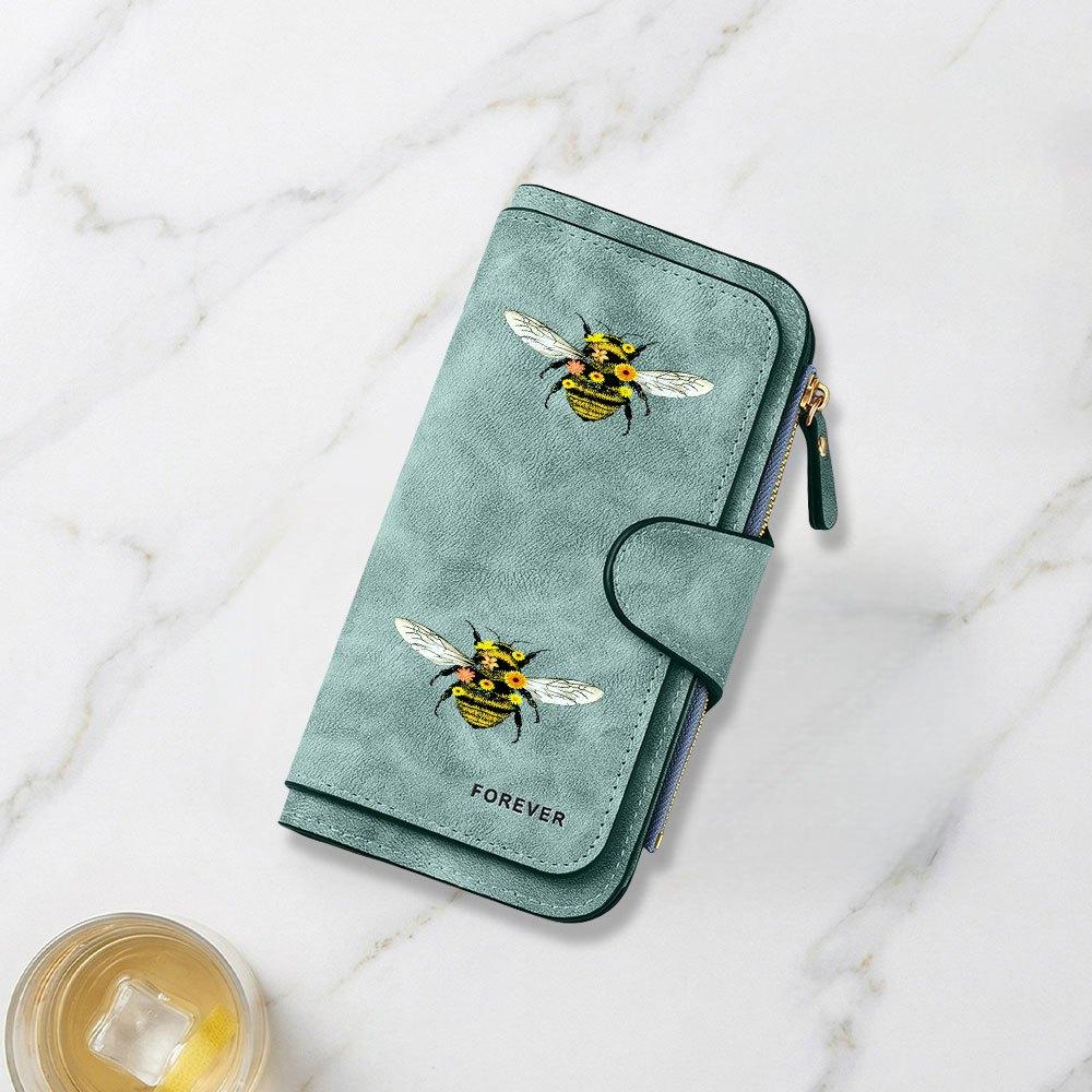 Long Wallet with Bee Illustration and Flower Print Multifunctional Portable Snap Closure Coin Purse Suitable for Both Men and Women Daily Use Travel