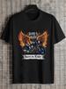 1pc Motorcycle Wings Flames Graphic T-shirt with Bold Lettering and Skull Design