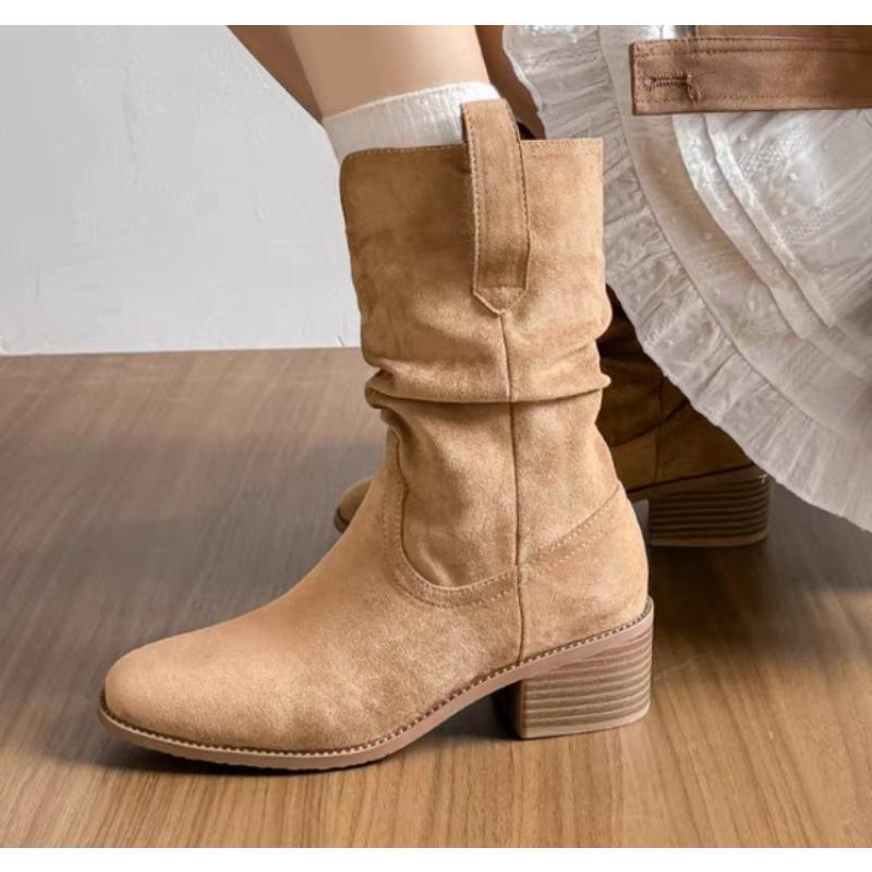 Autumn and Winter New Women's Ankle Boots Cow Suede Leather Shoes for Women Pointed Toe Short Boots Chunky Shoes Western Boots