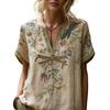 Women Shirt V-Neck Short Sleeve Solid Color Loose Fit Pullover Tops Embroidery Flower Pattern Summer Tops Daily