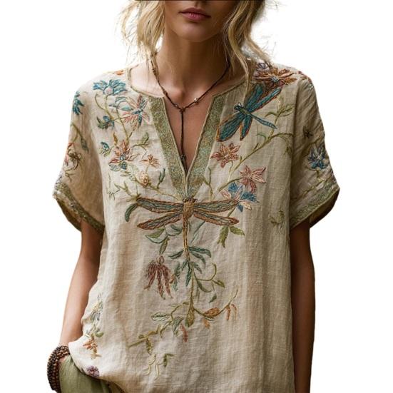 Women Shirt V-Neck Short Sleeve Solid Color Loose Fit Pullover Tops Embroidery Flower Pattern Summer Tops Daily