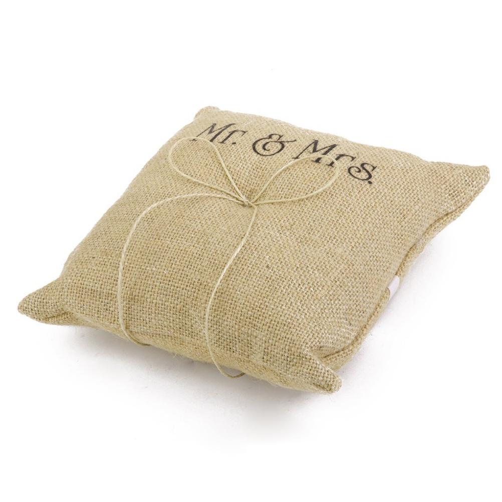 Mr & Mrs Burlap Jute Bow Twine Rustic Wedding Ring Pillow Double heart ring pillow Ring bearer pillow