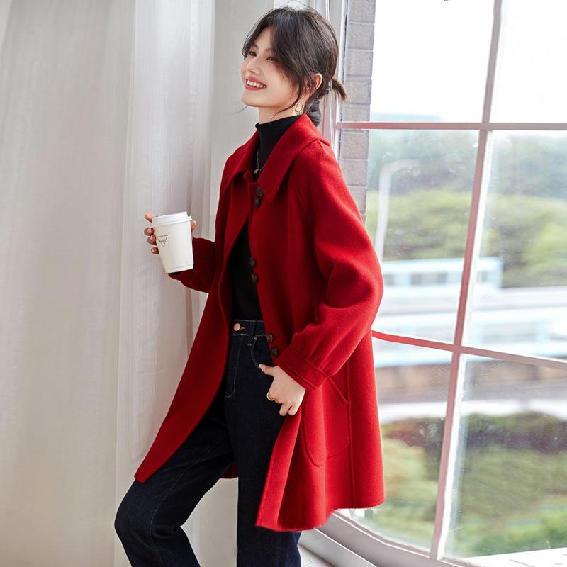 Red Retro Woolen Coat New Style Trendy Doll Collar A-line Loose Woolen Coat for Women