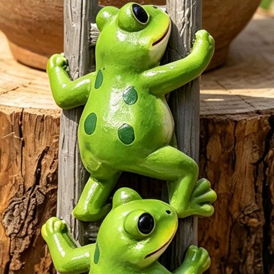 Funny Frog Garden Statue Cute 2 Frogs Climbing Ladder Figurine Resin Animal Sculpture Plant Pot Decoration for Balcony Lawn Garden Shelf Desk Decor