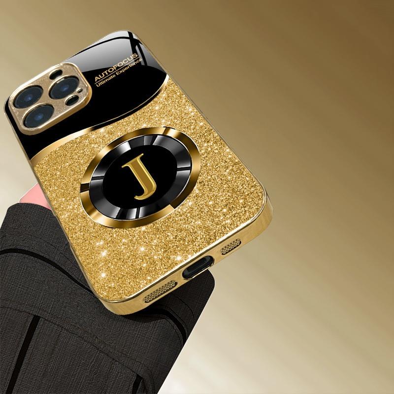 Glänzendes Buchstaben-J-Muster Gold-Metallic-Lack Glas-Handyhülle Für iPhone 17 Pro Max 16 15 14 13 12 11 17Air 15 14 Plus 16E Hülle