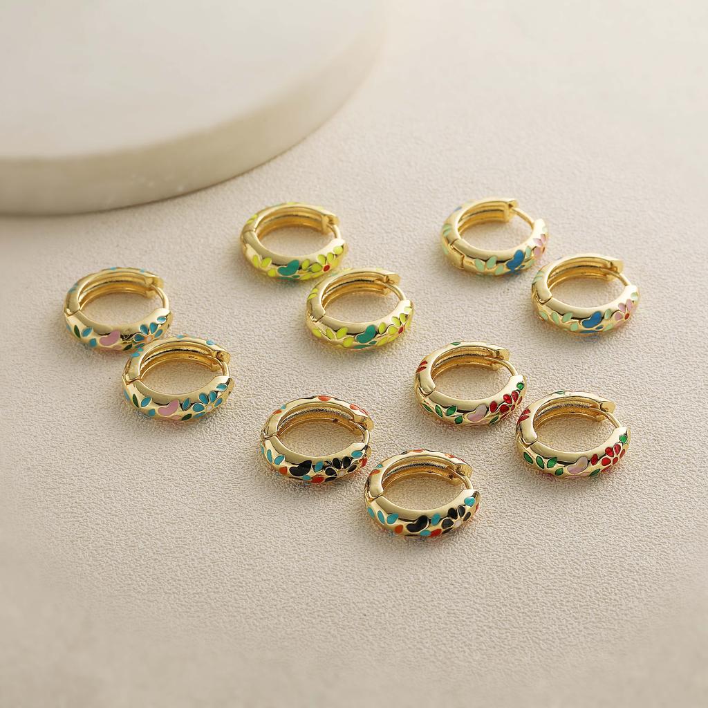 HECHENG, Enamel Dripping Oil Bohemian Style Colorful Flower Pattern Golden Earrings Neutral Women's Zircon Gift 1 Pair