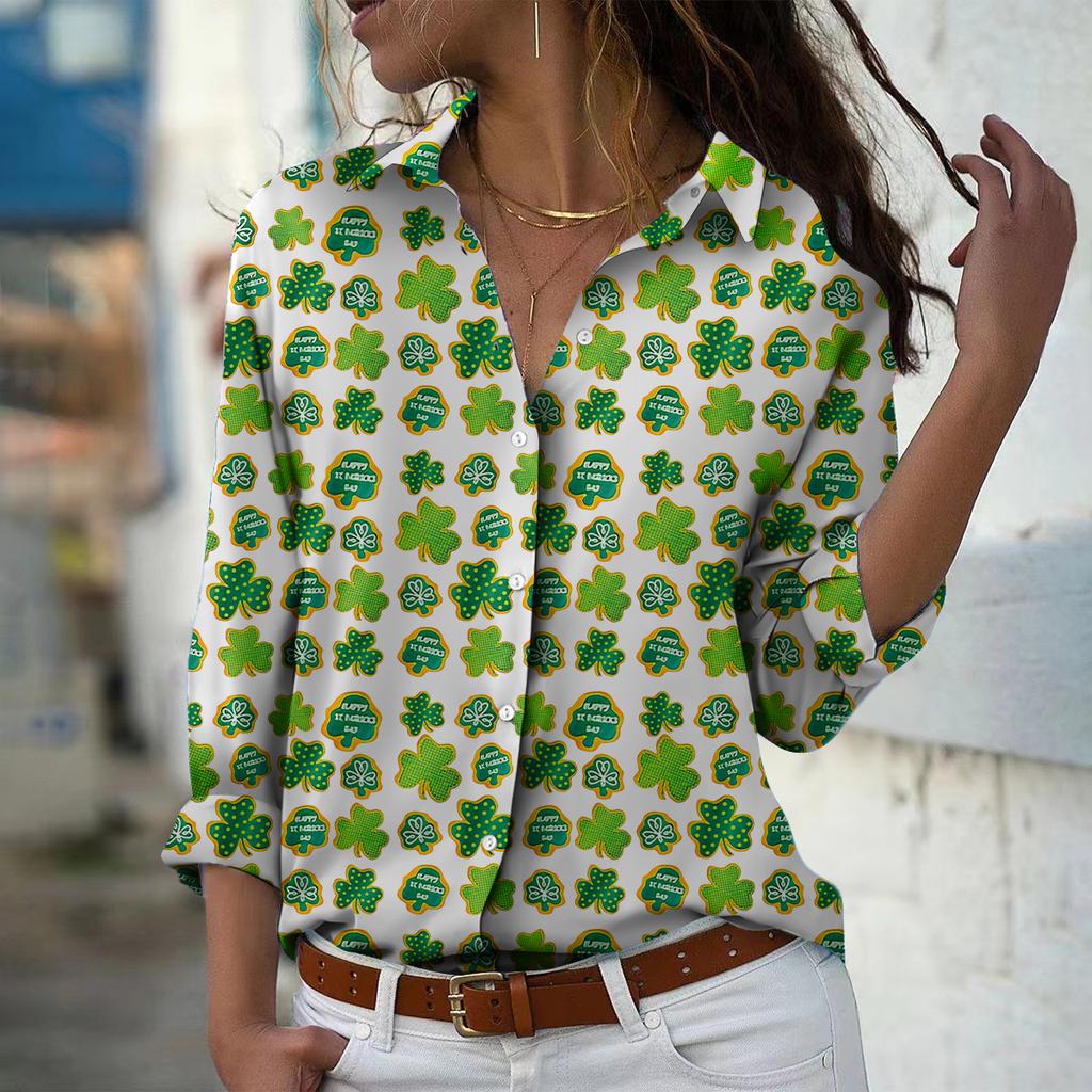 Clover Print Frauen Bluse Frühling Herbst Femme Büro Dame Button Up Turn Down Kragen Shirts