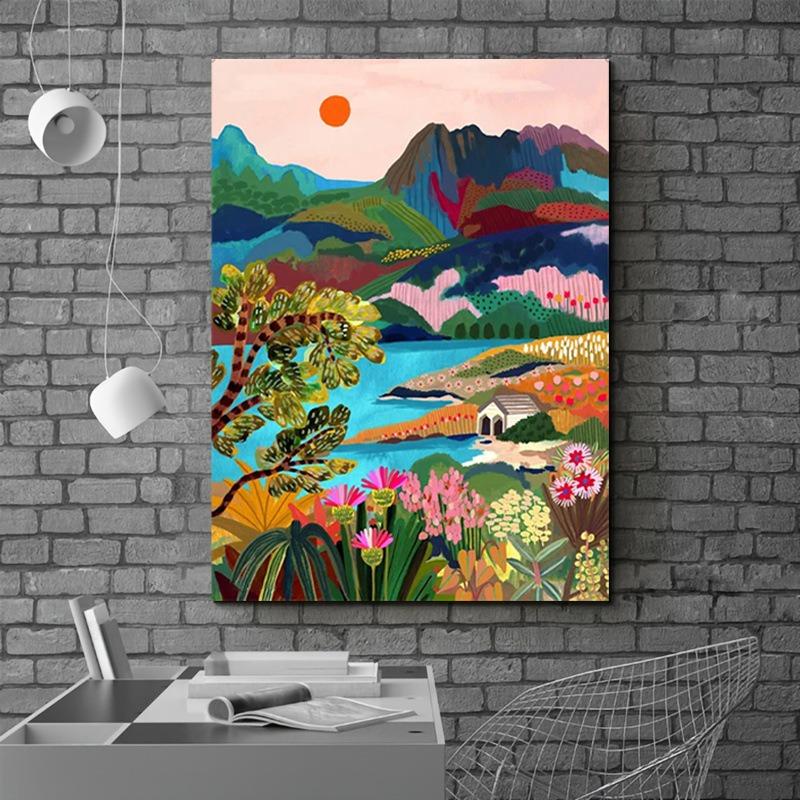Colorful Travel Mountain City Canvas Painting Abstract Landscape Posters and Prints Wall Art Pictures for Home Living Room Decor