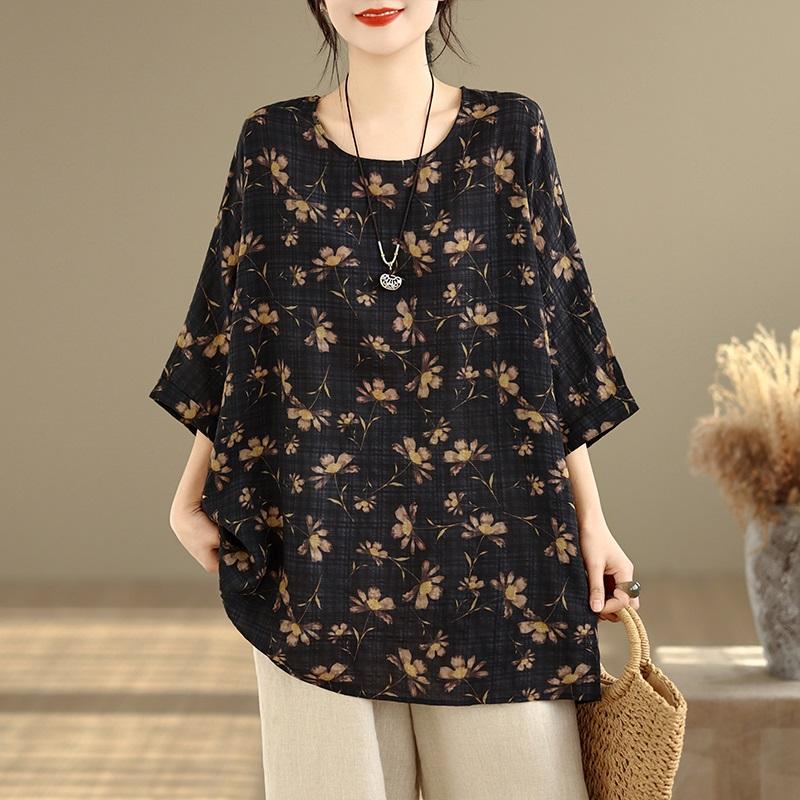 Dámské letní volné tričko s krátkým rukávem, oversized, vintage, květinové, ležérní
