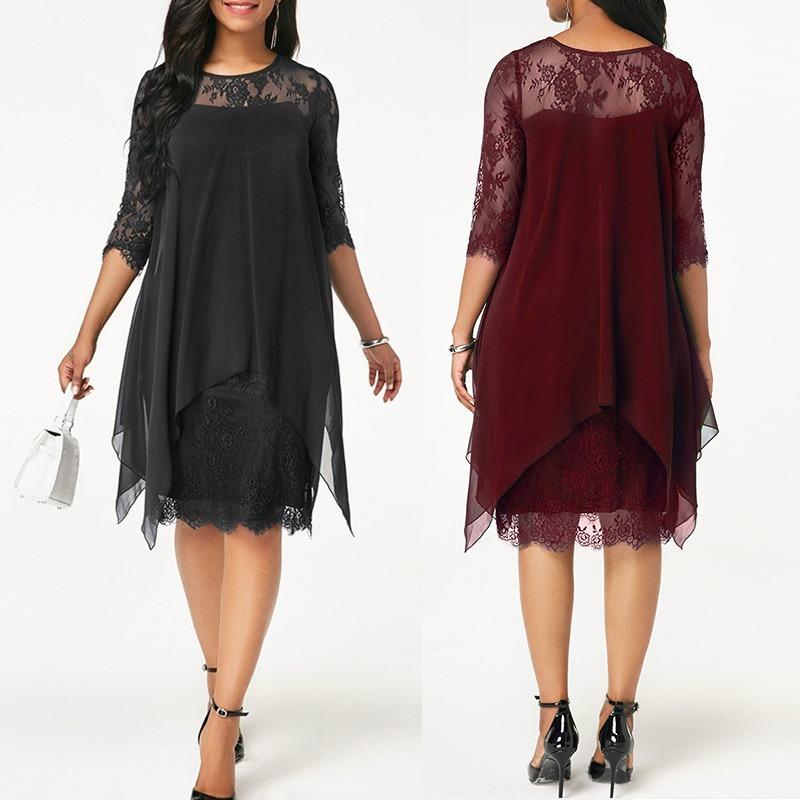 Elegant Lace Splice Mid Length Chiffon Dress Women Short Sleeve Spring Summer Dress Woman Solid A Line Plus Size Dresses 24033