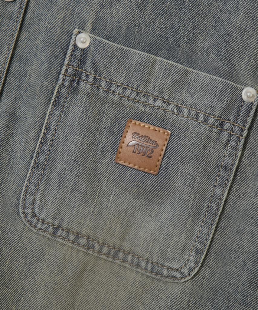 TRILLION Leather Patch Oversized Work Denim Long Sleeve Shirt_Sand Blue