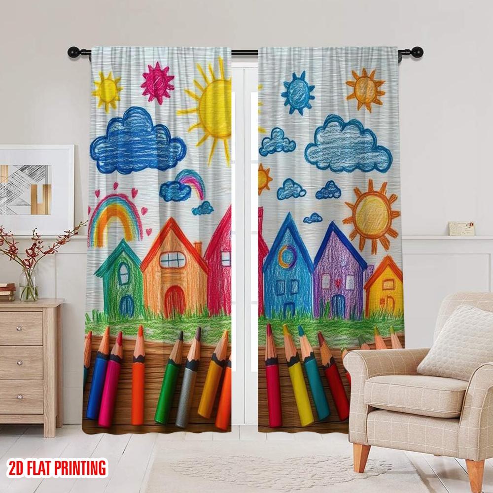 Set Of 2 Flat Printing Back School Party Theme Curtain Includes Colored Crayons Pencils Fun Patterns Happy Clouds Curtains Made Polyester