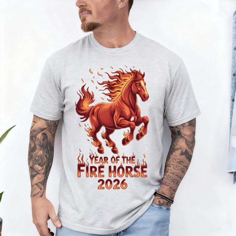 Year of The Fire Horse 2026 Zodiac Chinese New Year 2026 Crew Neck Short Sleeve Cotton Top All Seasons Casual Fashion Soft Tees