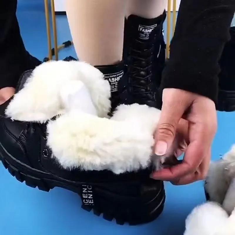 Winter Warm Fur Boots Casual Autumn High Heels Zipper Shoes Warm Wool Platform Boots for Women Black Female Botas